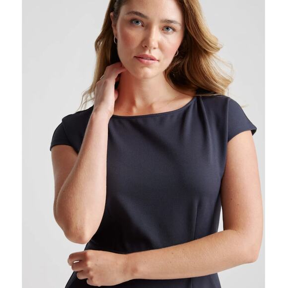 Quince NWT Ultra Stretch Ponte Cap Sleeve Dress Navy Blue Sheath Sml Classic - Picture 2 of 14